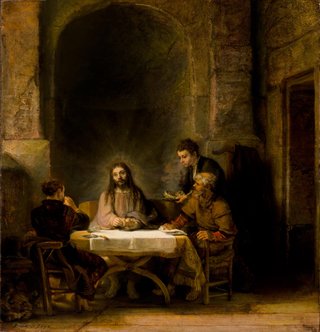 Thumbnail of Rembrandt’s The Supper at Emmaus (1648): the risen Christ, haloed, breaks bread at a table with two disciples beneath a tall stone arch as a servant looks on